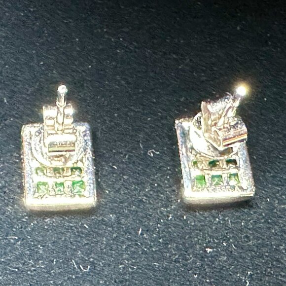 14K White Gold Emerald Diamond Stud Earrings | Art Deco Style | 585 Marked - Picture 5 of 16